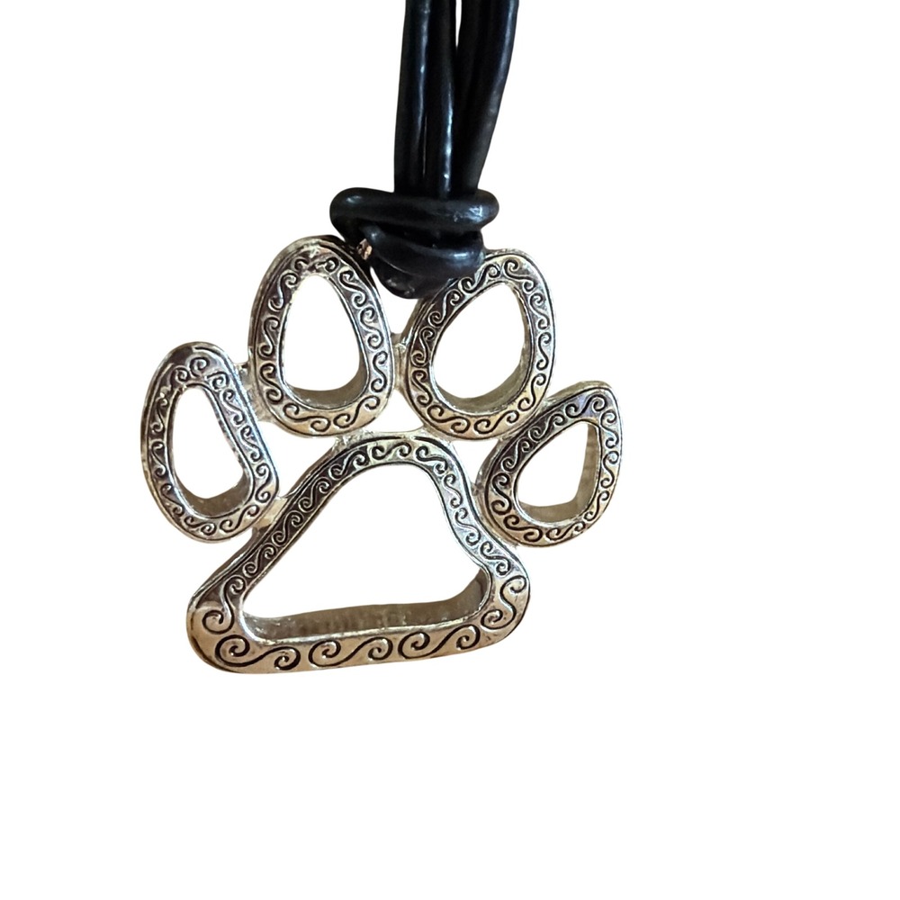 Silver Tone Scrollwork Paw Print Pendant Multi Strand Black Cord Necklace